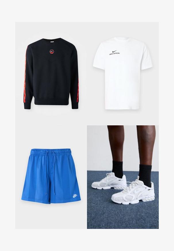 Mørkeblå sweatshirt med et sekskantet rødt Nike-logo på brystet. Har røde accenter langs ærmerne og et struktureret, blødt stof.; Hvid bomulds T-shirt med korte ærmer. Har en sort "Nike Official"-logo og en sort swoosh på venstre brystside.; Blå atletikshorts med elastisk talje og snøre, med hvidt Nike-logo på venstre ben nederst.; Hvide atletik-sko med mesh-overdel, teksturerede accenter og polstret sål. Parret med sorte ribbede ankelstrømper på en blå tæppebelagt overflade.