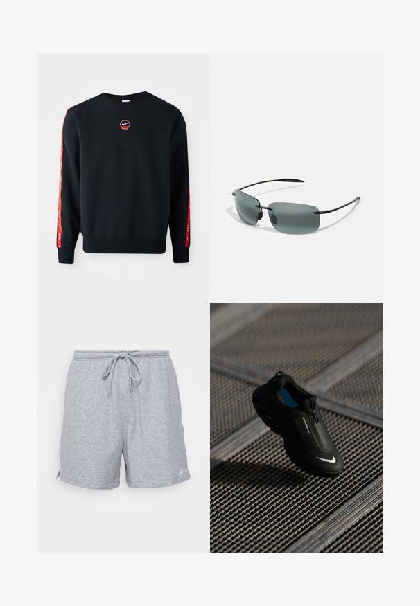 Marineblauw sweatshirt met een hexagonaal rood Nike-logo op de borst. Kenmerkt zich door rode accenten langs de mouwen en een gestructureerde, zachte stof.; Grijze katoenen sportshorts met een verstelbare trekkoord taille, zijzakken en een klein logo op de onderste zoom.; Zwarte Nike Air Max-schoen met een strak ontwerp, ritssluiting, gestructureerde bovenkant en opvallend wit logo aan de zijkant, geplaatst op een rasterachtergrond.; Zonnebril met grijze lenzen en een slank zwart montuur. Het ontwerp heeft een rechthoekige vorm en dunne, gebogen veren voor een minimalistische uitstraling.