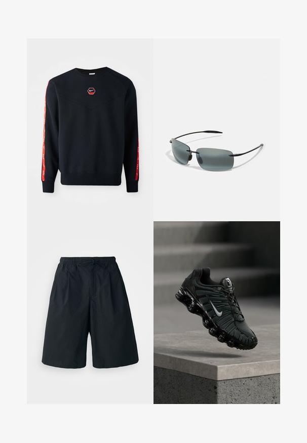 Marineblauw sweatshirt met een hexagonaal rood Nike-logo op de borst. Kenmerkt zich door rode accenten langs de mouwen en een gestructureerde, zachte stof.; Zwarte shorts met een elastische tailleband en een verstelbare koord. Gemaakt van een gladde stof, met een losse pasvorm en geen zichtbare patronen.; Zwarte en donkergrijze Nike hardloopschoen met wit swoosh-logo, zwevend boven een betonnen richel met trappen op de achtergrond.; Zonnebril met grijze lenzen en een slank zwart montuur. Het ontwerp heeft een rechthoekige vorm en dunne, gebogen veren voor een minimalistische uitstraling.