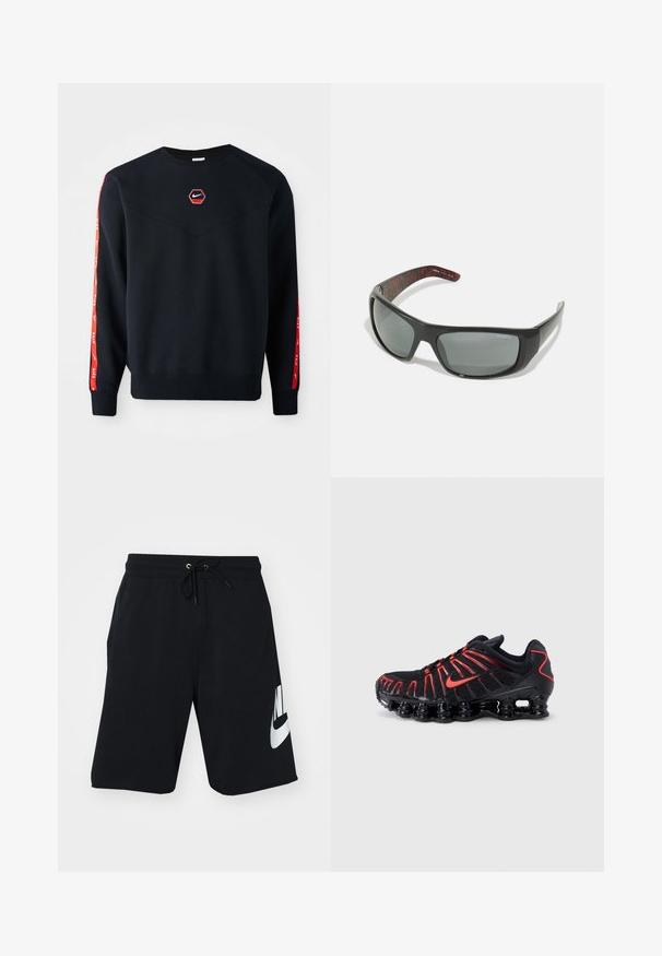 Mørkeblå sweatshirt med et sekskantet rødt Nike-logo på brystet. Har røde accenter langs ærmerne og et struktureret, blødt stof.; Sorte bomuldsshorts med drapering i taljen, sidelommer og stort hvidt Nike-logo trykt på venstre lår. Klassisk atletisk design.; Sorte atletiksko med røde detaljer, der har en struktureret mesh-overdel, et unikt bølget design og en formstøbt polstret sål.; Arnette HOT SHOT - Solbriller - dark grey