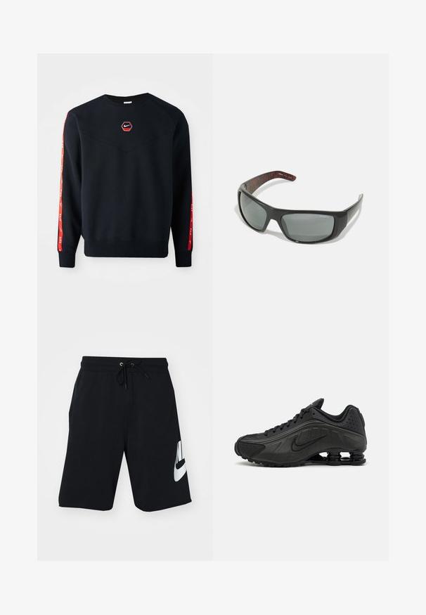 Sudadera azul marino con un logo hexagonal rojo de Nike en el pecho. Presenta detalles rojos a lo largo de las mangas y un tejido suave y texturizado.; Pantalones cortos de algodón negro con cintura elástica y cordón, bolsillos laterales y gran logo blanco de Nike impreso en el muslo izquierdo. Diseño atlético clásico.; Zapatillas de running negras con un upper sintético liso, detalles perforados, paneles laterales texturizados y una suela distintiva y elástica.; Arnette HOT SHOT - Gafas de sol - dark grey
