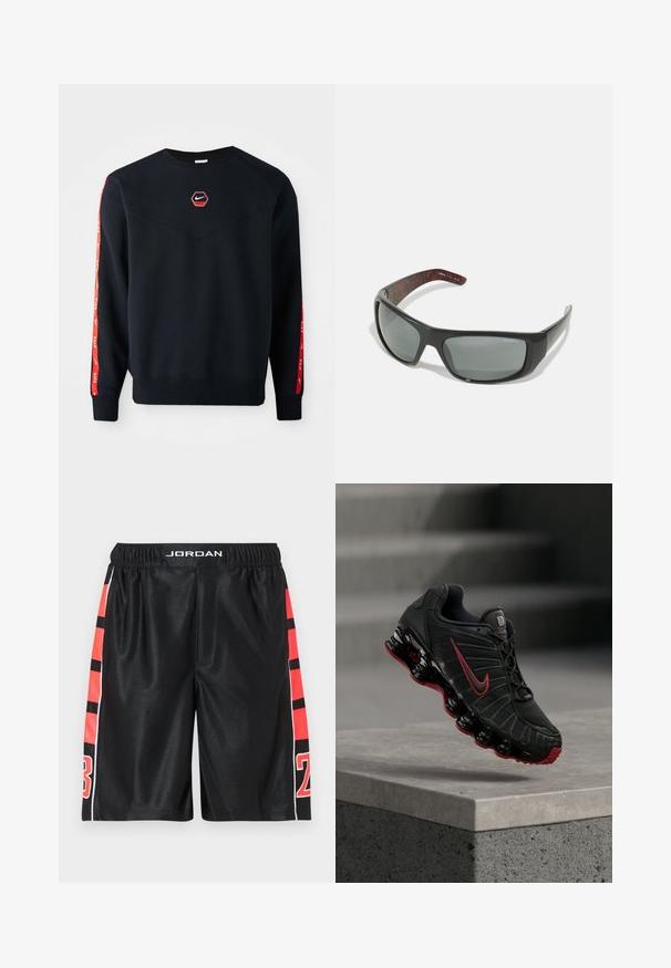Námornícky sveter s hexagonálnym červeným logom Nike na hrudi. Obsahuje červené akcenty pozdĺž rukávov a textúrovanú, jemnú tkaninu.; Čierne športové šortky s hladkou textúrou, zdobené červenými pruhmi a číslami na bokoch. Elastický pás s logom "JORDAN" na vrchu.; Čierno-červená športová obuv Nike s viditeľnou pružinovou podrážkou, balansujúca na okraji betónového schodu.; Arnette HOT SHOT - Slnečné okuliare - dark grey