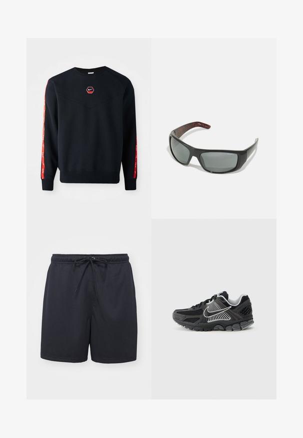 Mørkeblå sweatshirt med et sekskantet rødt Nike-logo på brystet. Har røde accenter langs ærmerne og et struktureret, blødt stof.; Sorte atletiske shorts lavet af tekstureret, åndbart stof; har en elastisk talje med en snor for justerbar pasform.; Sort atletiksko med meshpaneler og syntetiske detaljer. Har en rundet tå, tyk polstret sål og kontrasterende hvide logodetaljer.; Arnette HOT SHOT - Solbriller - dark grey