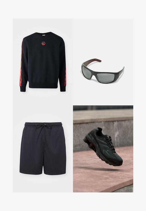 Sweatshirt marine avec un logo Nike rouge hexagonal sur la poitrine. Présente des accents rouges le long des manches et un tissu texturé et doux.; Shorts de sport noirs en tissu texturé et respirant ; dotés d'une taille élastique avec un cordon de serrage pour un ajustement réglable.; Baskets athlétiques noires avec une semelle intercalaire à coussin d’air visible flottant au-dessus d’une surface en pierre rose avec un mur en pierre gris en arrière-plan.; Arnette HOT SHOT - Lunettes de soleil - dark grey