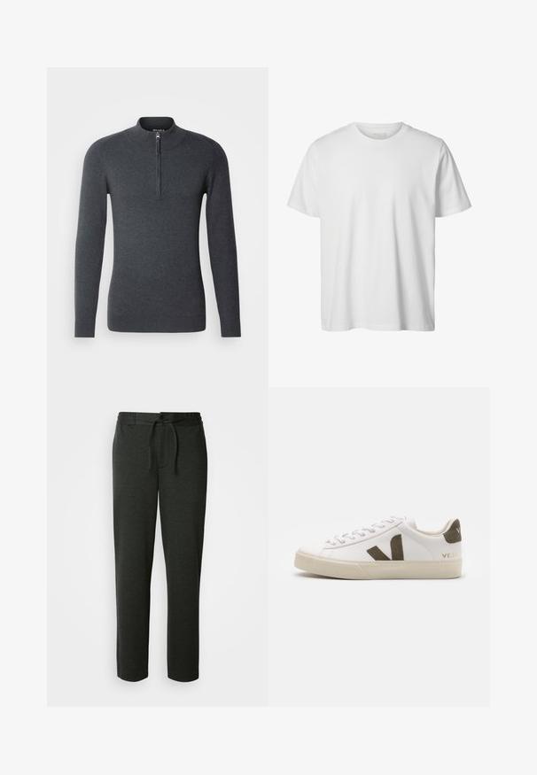 Pull en gris foncé avec un col montant et une courte fermeture éclair à l'avant. Fabriqué dans un tissu doux et texturé, avec des manches longues et des bords côtes.; T-shirt blanc uni à manches courtes, col rond, coupe décontractée, sans logos ni motifs visibles à l'avant.; Pantalons de jogging gris foncé en mélange de coton doux. Comprend une taille élastique avec cordon de serrage et des poches latérales. Design à jambes droites.; Baskets en cuir blanc avec une semelle en caoutchouc beige clair. Présentent un logo en V en daim marron et une languette de talon. Fermeture à lacets avec une surface texturée.