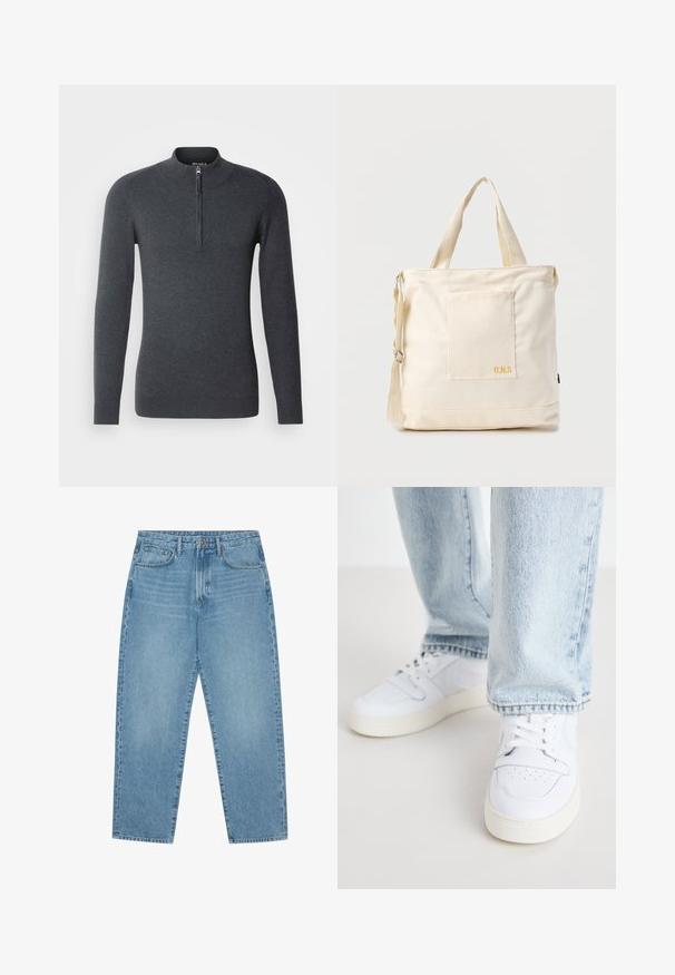 Pull en gris foncé avec un col montant et une courte fermeture éclair à l'avant. Fabriqué dans un tissu doux et texturé, avec des manches longues et des bords côtes.; Jean en denim bleu clair avec une coupe droite, design cinq poches et une texture légèrement délavée. Dispose d'une fermeture à bouton et à glissière.; Baskets basses en cuir blanc avec un bout perforé, des lacets plats et un design minimaliste. Associées à un jean en denim bleu clair.; Sac fourre-tout en toile crème avec poche avant, deux poignées, bandoulière réglable et petit texte jaune "O.N.S" en bas à droite de la poche.