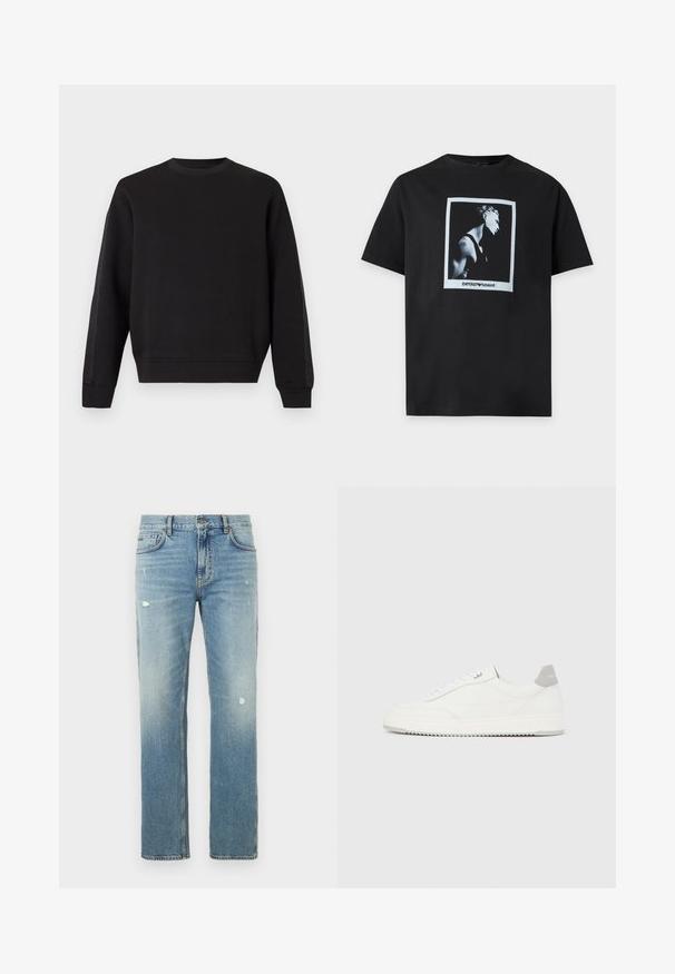 Sweat-shirt noir à manches longues avec col rond, poignets et ourlet côtelés, design uni, présenté sur un fond clair.; T-shirt noir à manches courtes avec un profil latéral monochrome imprimé d'une personne musclée et le logo Emporio Armani sous l'image.; Jean en denim bleu clair avec une coupe droite, présentant des zones délavées et de petites déchirures. Design classique à cinq poches et passants pour ceinture.; Baskets basses blanches avec un onglet de talon gris, des lacets blancs et une semelle texturée, présentées sur un fond uni clair.