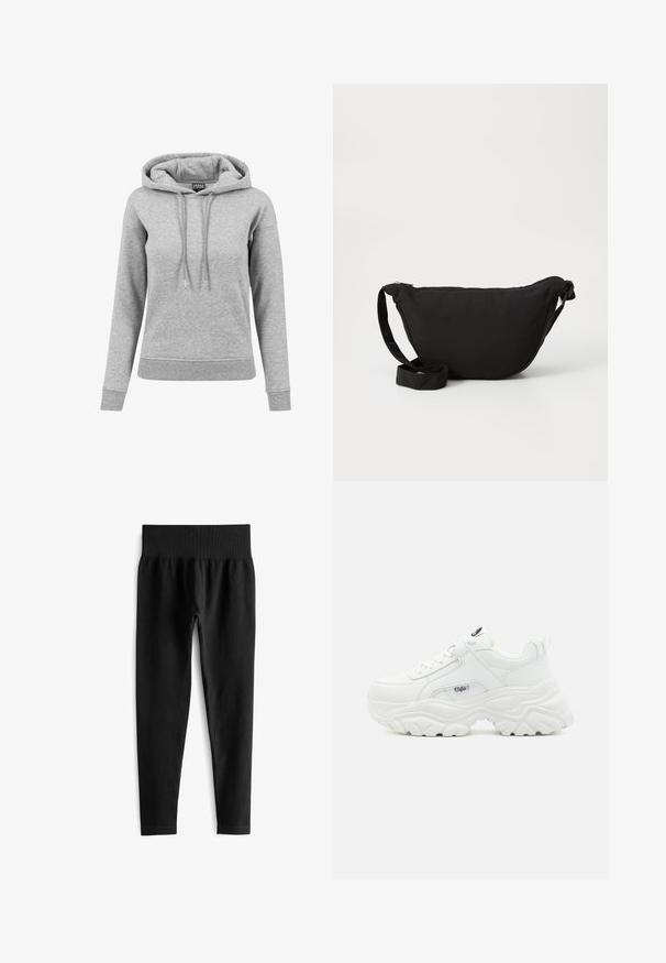 Lichtgrijze hoodie met lange mouwen met aantrekkoorden, geribde manchetten en zoom, en een zichtbaar merkembleem aan de binnenkant van de kraag.; Zwarte geribde leggings met een brede elastische tailleband, met een aansluitende pasvorm en een gladde textuur. Geen zichtbare hardware of patronen.; Witte chunky sneakers met een soepel leren bovenwerk, ronde neus en een dikke, gestructureerde zool met een zichtbaar merklogo aan de zijkant.; Zwarte hobo tas gemaakt van zachte stof, met een gebogen vorm, een ritssluiting en een brede verstelbare schouderriem. Glad van structuur zonder patronen.