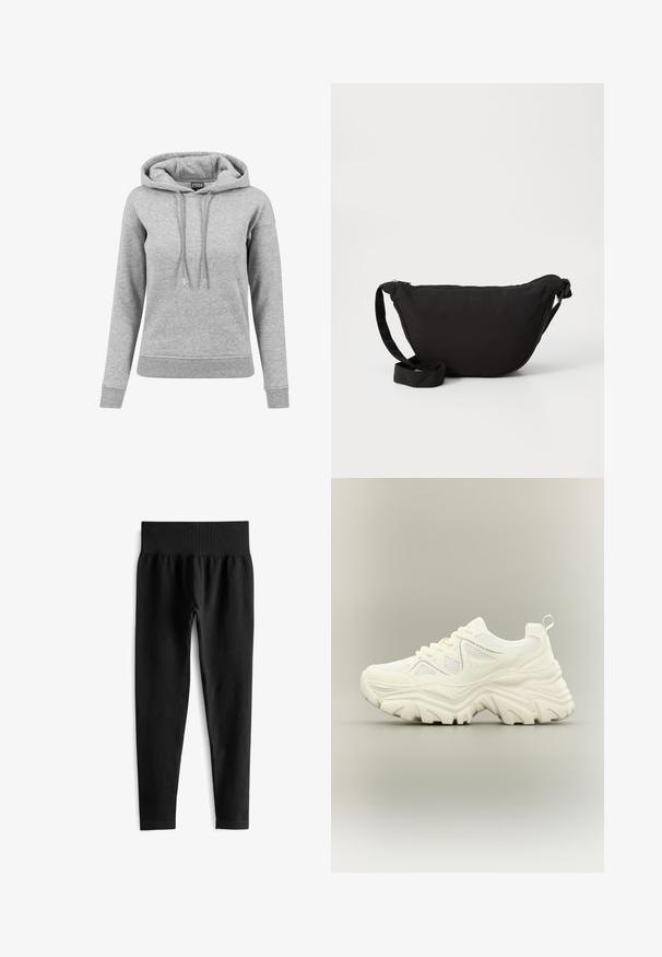 Lysegrå langærmet hættetrøje med snore, ribbet manchetter og kant samt synligt mærke inde i kraven.; Sorte ribbede leggings med en bred elastisk talje, der har en tætsiddende silhuet og en glat tekstur. Ingen synlig hardware eller mønstre.; Hvid chunky sneaker med tyk tekstureret sål, mesh paneler, snørelukning foran og trækstrop ved hælen på en neutral baggrund.; Sort hobo taske lavet af blødt stof, med en buet form, lynlåslukning og en bred justerbar rem. Glat tekstur uden mønstre.