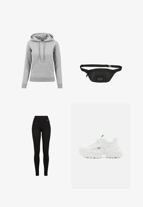 Lysegrå langærmet hættetrøje med snore, ribbet manchetter og kant samt synligt mærke inde i kraven.; Sorte leggins med høj talje, strækbart stof, glat tekstur og en tætsiddende pasform, der er velegnet til casual eller atletisk brug.; Hvide chunky sneakers med en glat læderoverdel, rund tå og tyk tekstureret sål med et synligt brandlogo på siden.; Sort bæltetaske lavet af glat, vandafvisende materiale, med en rektangulær form, justerbar rem og en frontlogo-patch.