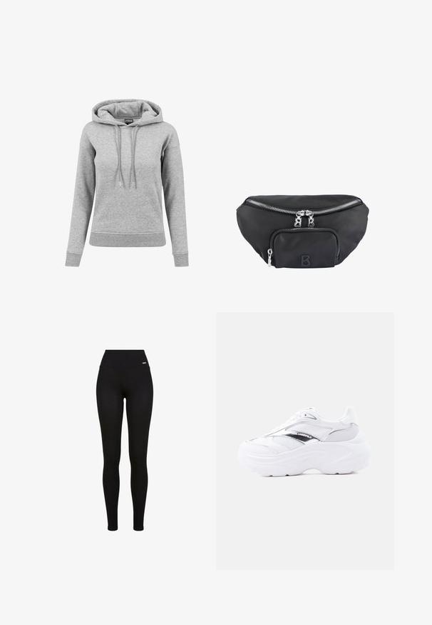 Lysegrå langærmet hættetrøje med snore, ribbet manchetter og kant samt synligt mærke inde i kraven.; Sorte leggins med høj talje, strækbart stof, glat tekstur og en tætsiddende pasform, der er velegnet til casual eller atletisk brug.; Hvid chunky sneaker med mesh og læder øvre, tyk sål, metalisk sølvdetalje og "Karl Lagerfeld" branding på siden.; Sort nylon bæltetaske med et hovedrum og en frontlomme, udstyret med sølvfarvede lynlåse og et forhøjet "B" logo.