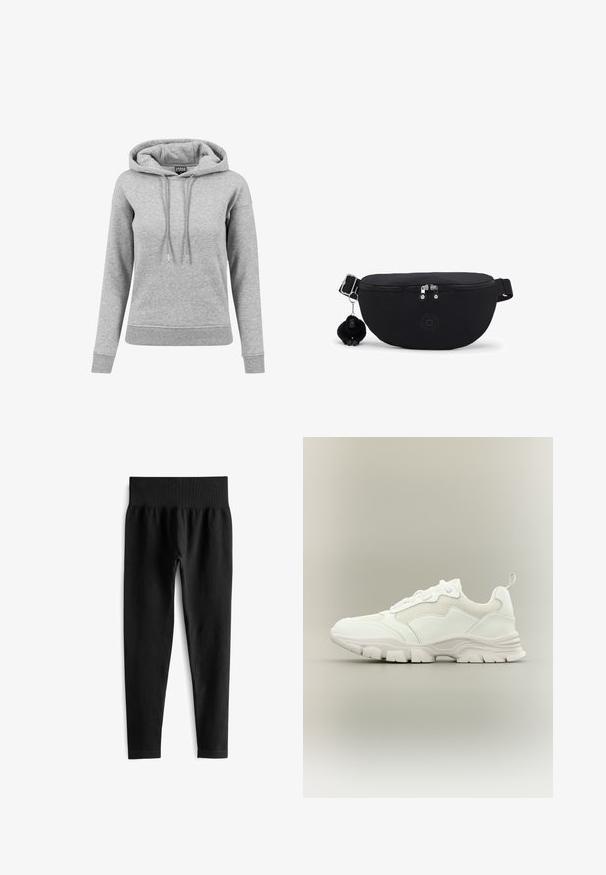 Lysegrå langærmet hættetrøje med snore, ribbet manchetter og kant samt synligt mærke inde i kraven.; Sorte ribbede leggings med en bred, elastisk talje. Stoffet ser strækbart og struktureret ud og slutter lige over anklen.; Hvid atletisk sneaker med mesh og læderoverdel, chunky sål og trækflig ved hælen, vist i sideprofil på neutral baggrund.; Sort bæltetaske med dobbelt lynlås, justerbar rem og lille plyssabel abe-nøglekæde fastgjort i siden.