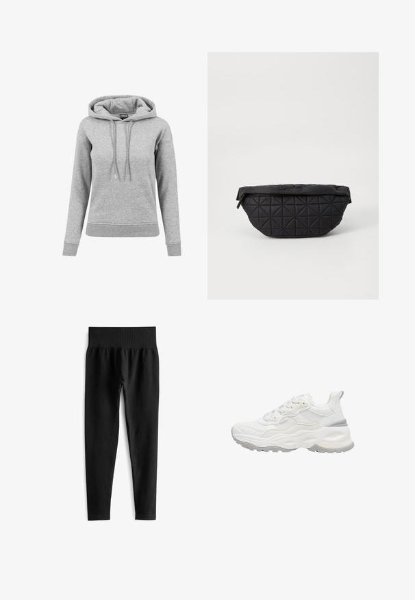 Lichtgrijze hoodie met lange mouwen met aantrekkoorden, geribde manchetten en zoom, en een zichtbaar merkembleem aan de binnenkant van de kraag.; Zwarte geribde legging met een brede, elastische tailleband. De stof lijkt rekbaar en gestructureerd, eindigend net boven de enkel.; Witte chunky sneaker met een gestructureerde zool, mesh en leren bovenwerk, vetersluiting en trekkoord aan de hiel tegen een witte achtergrond.; Zwarte, gewatteerde tas met een zachte, gewatteerde textuur en een hoekig ruitpatroon, met een gebogen silhouet en ritssluiting.