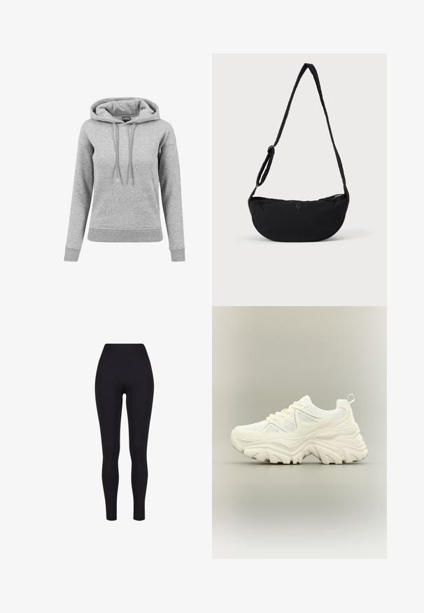 Lichtgrijze hoodie met lange mouwen met aantrekkoorden, geribde manchetten en zoom, en een zichtbaar merkembleem aan de binnenkant van de kraag.; Zwarte high-waisted legging, gemaakt van rekbaar materiaal, met een gladde textuur en een aansluitend ontwerp zonder zichtbare naden of patronen.; Witte chunky sneaker met dikke textuurrijke zool, mesh panelen, veters aan de voorkant en een treklipje aan de hiel op een neutrale achtergrond.; Zwarte stoffen schoudertas met een gebogen vorm, voorzien van een enkele gevlochten schouderband en een ritssluiting. Subtiel logo-detail aan de voorkant.