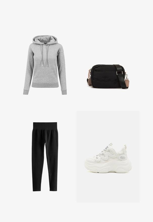 Lichtgrijze hoodie met lange mouwen met aantrekkoorden, geribde manchetten en zoom, en een zichtbaar merkembleem aan de binnenkant van de kraag.; Zwarte geribde leggings met hoge taille, brede elastische tailleband en volledige smalle pijpen op een witte achtergrond.; Witte chunky sneakers met een bovenwerk van mesh en synthetisch materiaal, een gebogen vorm, een gestructureerde zool en een opvallend vetersysteem met logo-details.; Zwarte, doorgestikte rechthoekige crossbodytas met verstelbare riem en subtiele "mtng" borduring op het voorpaneel.