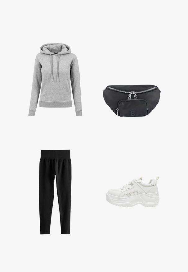 Lysegrå langærmet hættetrøje med snore, ribbet manchetter og kant samt synligt mærke inde i kraven.; Sorte ribstrikkede leggings med høj talje, bred elastisk talje og slanke ben i fuld længde på hvid baggrund.; Hvid chunky sneaker med tyk sål, snørelukning foran, polstret krave og trækstykke på hælen.; Sort nylon bæltetaske med et hovedrum og en frontlomme, udstyret med sølvfarvede lynlåse og et forhøjet "B" logo.