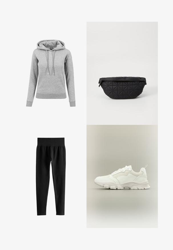 Lysegrå langærmet hættetrøje med snore, ribbet manchetter og kant samt synligt mærke inde i kraven.; Sorte ribstrikkede leggings med høj talje, bred elastisk talje og slanke ben i fuld længde på hvid baggrund.; Hvid atletisk sneaker med mesh og læderoverdel, chunky sål og trækflig ved hælen, vist i sideprofil på neutral baggrund.; Sort quiltet taske med en blød, polstret tekstur og et vinkelret diamantmønster, med en buet silhuet og lynlåslukning.