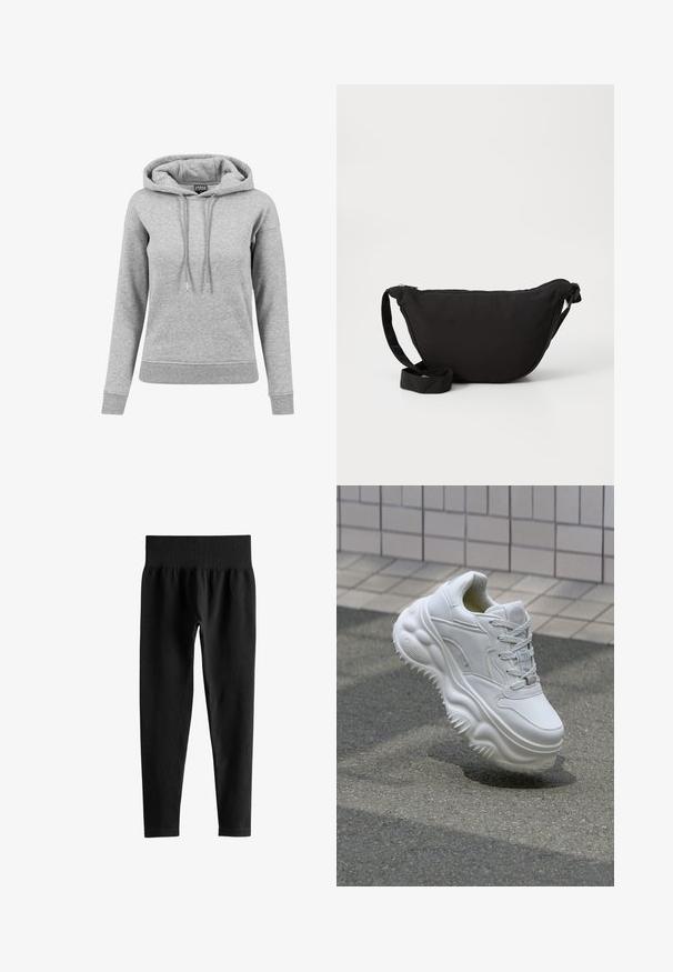 Lichtgrijze hoodie met lange mouwen met aantrekkoorden, geribde manchetten en zoom, en een zichtbaar merkembleem aan de binnenkant van de kraag.; Zwarte geribde leggings met hoge taille, brede elastische tailleband en volledige smalle pijpen op een witte achtergrond.; Witte leren sneaker met een zware zool, textuurdetails en vetersluiting. Beschikt over gevormde accenten en een gladde afwerking.; Zwarte hobo tas gemaakt van zachte stof, met een gebogen vorm, een ritssluiting en een brede verstelbare schouderriem. Glad van structuur zonder patronen.