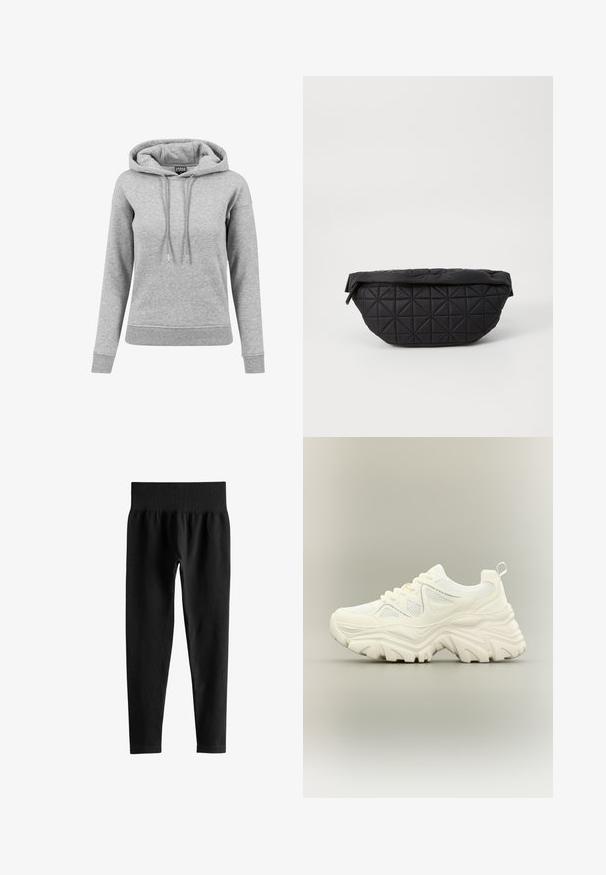 Lichtgrijze hoodie met lange mouwen met aantrekkoorden, geribde manchetten en zoom, en een zichtbaar merkembleem aan de binnenkant van de kraag.; Zwarte geribde leggings met hoge taille, brede elastische tailleband en volledige smalle pijpen op een witte achtergrond.; Witte chunky sneaker met dikke textuurrijke zool, mesh panelen, veters aan de voorkant en een treklipje aan de hiel op een neutrale achtergrond.; Zwarte, gewatteerde tas met een zachte, gewatteerde textuur en een hoekig ruitpatroon, met een gebogen silhouet en ritssluiting.