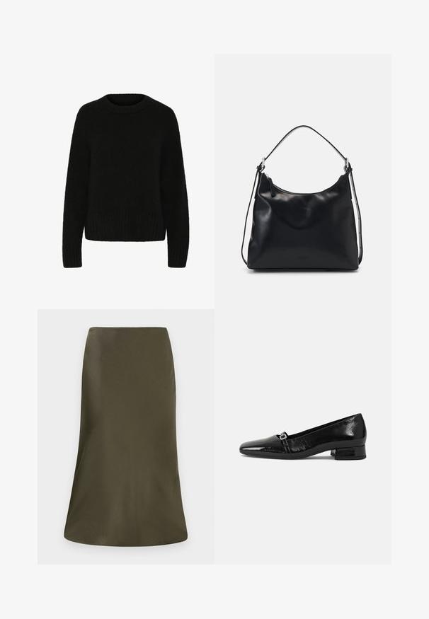 Suéter negro hecho de un material suave y difuso. Presenta un escote redondo, mangas largas y dobladillo acanalado. Diseño sencillo sin patrones ni acentos.; Falda midi verde oliva con una textura suave, forma acampanada y cinturilla elástica. Diseño minimalista sin patrones ni acentos visibles.; Bailarinas de charol negro con punta afilada, tacón cuadrado bajo y un pequeño detalle de hebilla metálica en la correa. Textura suave.; Mujer joven con cabello negro largo sentada sobre un bloque de madera, vistiendo un atuendo crema y sosteniendo un bolso de hombro de cuero negro cruzado sobre el pecho.