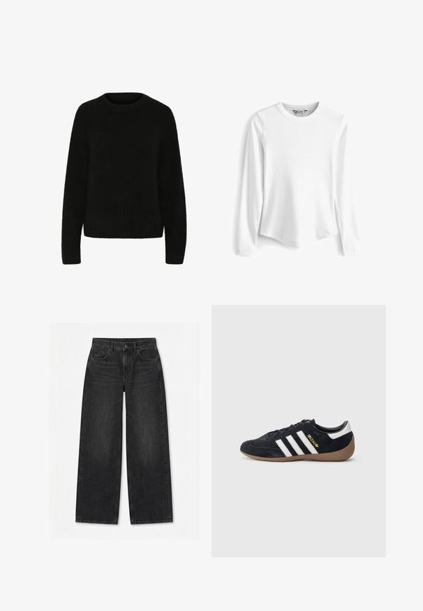 Suéter negro hecho de un material suave y difuso. Presenta un escote redondo, mangas largas y dobladillo acanalado. Diseño sencillo sin patrones ni acentos.; Camiseta de manga larga blanca de canalé con cuello redondo. Presenta un ajuste holgado y una textura suave, ofreciendo una opción versátil y transpirable.; Vaqueros negros de pierna ancha con botones y cremallera frontal, trabillas para cinturón y diseño de cinco bolsillos sobre un fondo blanco liso.; Zapatilla de ante negra con tres rayas blancas, suela de goma y un pequeño logo dorado en el lateral. Cuenta con un forro interior negro liso.