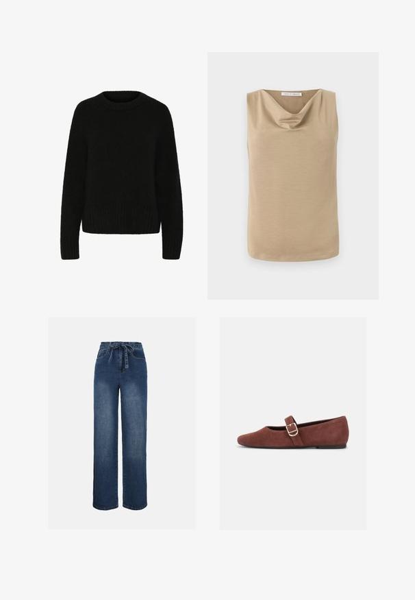 Suéter negro hecho de un material suave y difuso. Presenta un escote redondo, mangas largas y dobladillo acanalado. Diseño sencillo sin patrones ni acentos.; Blusa sin mangas beige con escote drapeado y dobladillo recto, fabricada en tela suave, con etiqueta de Tiger of Sweden en el interior del cuello.; Jeans azul de mezclilla de tiro alto y pierna ancha con bolsillos frontales y un cinturón de tela a juego atado a la cintura.; Zapato plano Mary Jane de gamuza marrón con una correa de hebilla dorada y suela negra sobre fondo blanco.