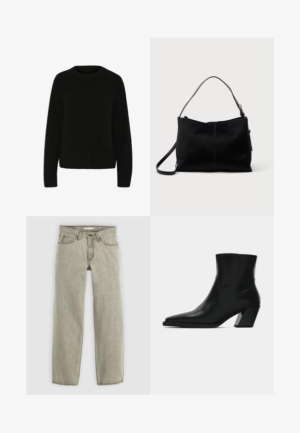 Pull noir en matière douce et duveteuse. Il possède un col rond, des manches longues et un ourlet côtelé. Design simple sans motifs ni accents.; Jeans gris clair à jambe droite avec fermeture à bouton et zip à l'avant, passants de ceinture et design à cinq poches.; Bottine en cuir noir avec un bout pointu, une silhouette élégante et un talon carré massif. Texture lisse avec des détails de couture minimalistes.; Sac à bandoulière noir avec une surface lisse et texturée, doté d'une seule sangle et d'une fermeture éclair en haut. Forme rectangulaire compacte.