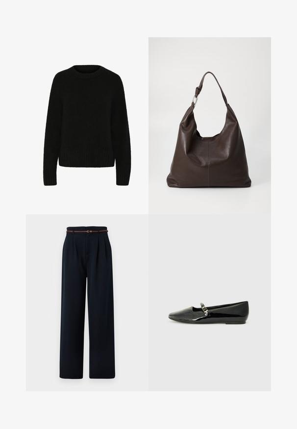 Suéter negro hecho de un material suave y difuso. Presenta un escote redondo, mangas largas y dobladillo acanalado. Diseño sencillo sin patrones ni acentos.; Pantalones negros de talle alto y pierna ancha con pinzas y un cinturón trenzado fino marrón, mostrados sobre un fondo blanco.; Bailarinas de charol negro con punta afilada, tira en el tobillo con un hebilla dorada y diseño minimalista. Suela plana y textura brillante.; Zign Bolso shopping - chocolate brown