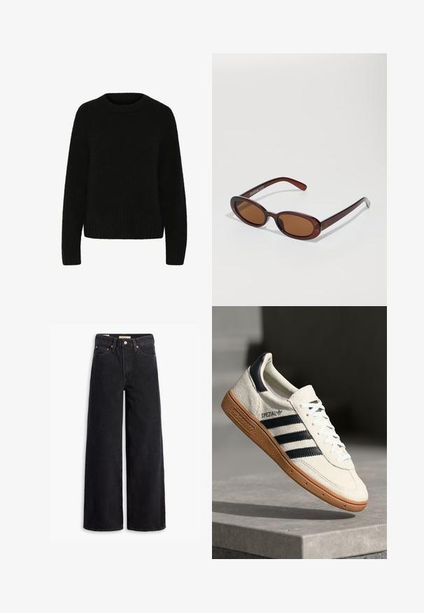Pull noir en matière douce et duveteuse. Il possède un col rond, des manches longues et un ourlet côtelé. Design simple sans motifs ni accents.; Jean noir à jambe large en denim, comportant cinq poches, des rivets en laiton et une fermeture à bouton classique. Texture lisse avec un design épuré.; Baskets en daim blanc avec des bandes navy, semelle en caoutchouc gomme, tige texturée, bout rond et lacets ; arbore un logo sur le côté et sur la languette.; Lunettes de soleil rondes teinte brun avec une monture bordeaux brillante. Branches fines avec un détail de marque subtil. Design de verres plats.