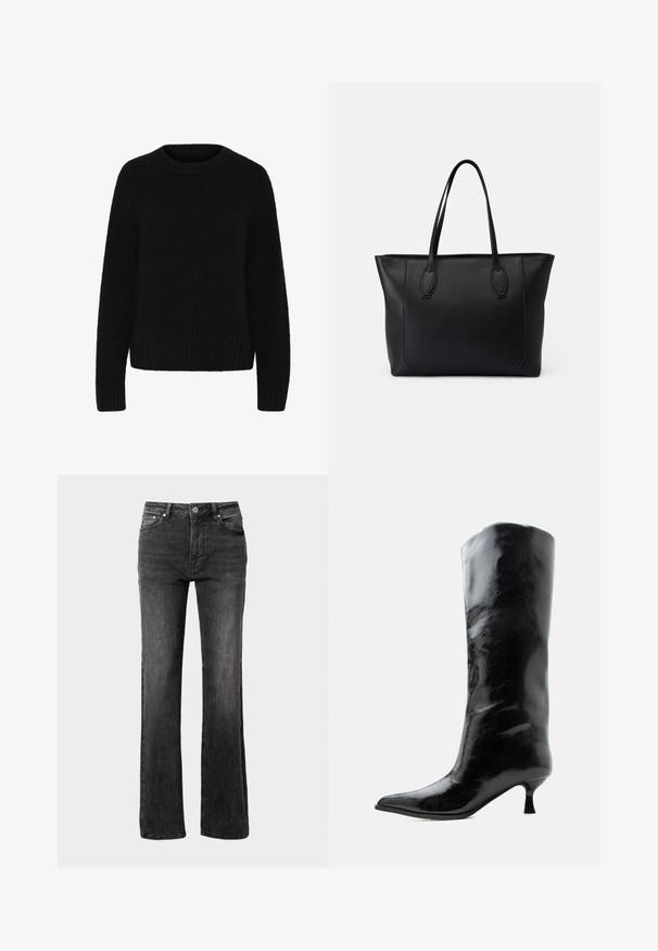 Sort sweater lavet af blødt, fuzzy materiale. Har en rund halsudskæring, lange ærmer og ribkant. Simpelt design uden mønstre eller accenter.; Sorte denim jeans med lige ben, høj talje, forlommer og subtil falming for tekstur. Metalknap og lynlås lukning.; Sort skinnende knæhøj læderstøvle med spids tå og lav buet hæl på en ensfarvet lys baggrund.; Sort læder tote bag med to robuste håndtag, der har en glat tekstur, rektangulær form og diskrete syningsdetaljer langs kanterne.