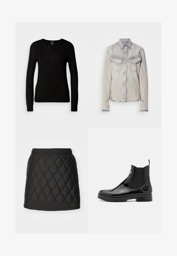 Sort sweater lavet af et fint strikmateriale, med en rund halsudskæring og lange ærmer med tætsiddende mansjetter. Ingen synlige mønstre eller dekorationer.; Lysvasket denimskjorte med spidse kraver, to brystlommer og knaplukning. Har kontrastsyet og frynset kant.; Sorte quiltede nederdel med en bølget mønster, elastisk talje og en glat, skinnende overflade. Længde til midten af låret uden synligt hardware.; HUGO TABITA - Gummistøvler - black