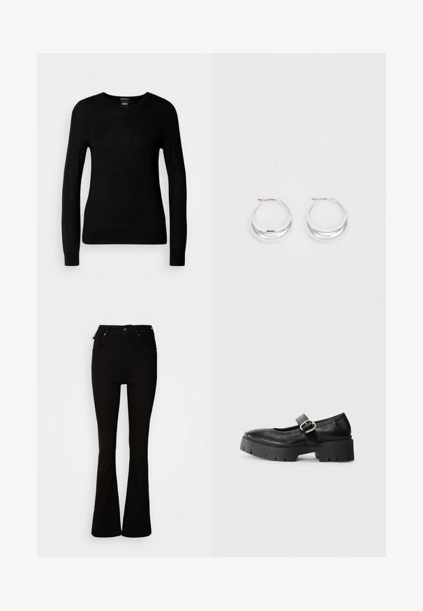 Schwarzer Pullover aus feinem Strickmaterial, mit rundem Halsausschnitt und langen Ärmeln mit enganliegenden Bündchen. Keine sichtbaren Muster oder Verzierungen.; Schwarze, aus Denim gefertigte Schlagjeans mit hoher Taille, vorderen Taschen und einem klassischen Fünf-Taschen-Design mit Metallakzenten.; Schwarze Leder-Mary-Jane-Schuhe mit einer massiven Plateausohle, runder Zehenpartie und seitlichem Schnallendetail. Glatte Textur mit minimaler Naht.; Silberne Creolen mit glänzender Oberfläche und DKNY-Logo, vor einem schlichten weißen Hintergrund präsentiert.