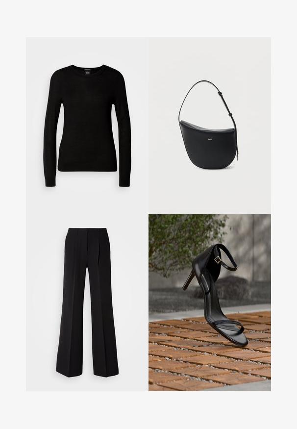 Sort sweater lavet af et fint strikmateriale, med en rund halsudskæring og lange ærmer med tætsiddende mansjetter. Ingen synlige mønstre eller dekorationer.; Sorte bukser lavet af glat stof, med høj talje, bred ben silhuet og to frontfolder for ekstra design detaljer.; Sort højhælet sandal med ankelsnor, der ser ud til at svæve over et trægulv udendørs med sløret grønt og sten i baggrunden.; Sort halv-måne skuldertaske i læder med justerbar rem og guld "BOSS"-logo centreret foran.