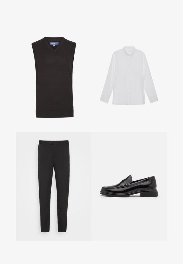 Blend BHLARSSON - Pullover - black; Chemise blanche à manches longues en tissu lisse, dotée d'un col pointu, d'une fermeture à boutons sur le devant et de poignets à un bouton.; Pantalons noirs taillés avec une coupe droite, poches avant et fermeture à bouton. Fabriqués en tissu lisse avec un léger éclat.; Mocassins en cuir noir avec un embout arrondi, présentant un détail cousu sur le dessus, et un petit talon carré. Texture lisse et finition brillante.