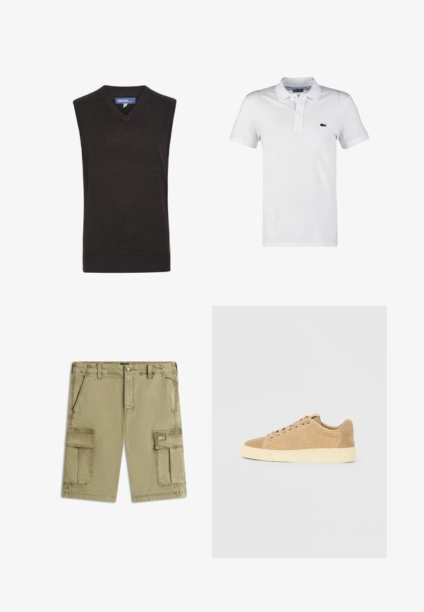 Blend BHLARSSON - Pullover - black; Polo blanc en coton, avec un col à trois boutons, des manches courtes et un logo crocodile brodé vert sur la poitrine gauche.; Short cargo beige avec poches avant, passants de ceinture, fermeture par bouton et deux poches à rabat sur les cuisses, posé à plat sur fond blanc.; Baskets couleur fauve avec une texture tissée sur la tige, des accents en daim, un bout arrondi et une semelle en caoutchouc jaunâtre.