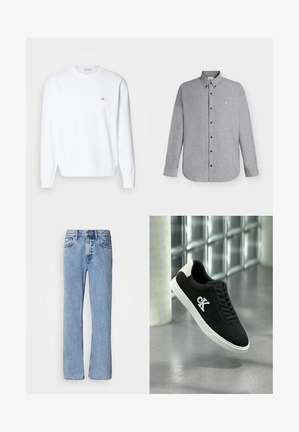 Hvid sweatshirt med lange ærmer, rund hals og ribbede manchetter. Har et lille logo i rød og beige på venstre brystområde. Glat tekstur.; Lysegrå skjorte med lange ærmer, knapper foran og knaplukket krave samt det lille "cK" logo broderet på venstre bryst.; Lyseblå denimjeans med lige ben design, fem lommer og knaplukning. Syninger nær lommer og talje.; Sort sneaker med hvid sål, ruskindsdetaljer, snørebånd og broderet 'CK' logo på siden. Glat tekstur med et sporty design.
