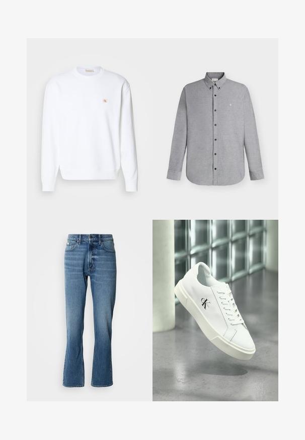 Hvid sweatshirt med lange ærmer, rund hals og ribbede manchetter. Har et lille logo i rød og beige på venstre brystområde. Glat tekstur.; Lysegrå skjorte med lange ærmer, knapper foran og knaplukket krave samt det lille "cK" logo broderet på venstre bryst.; Lyseblå denim jeans med lige pasform og let flare. Har fem lommer, knaplukning og subtile slidte detaljer.; Hvid Calvin Klein sneaker med snørebånd, vist svævende over en poleret betongulv og en baggrund af glasblokke.