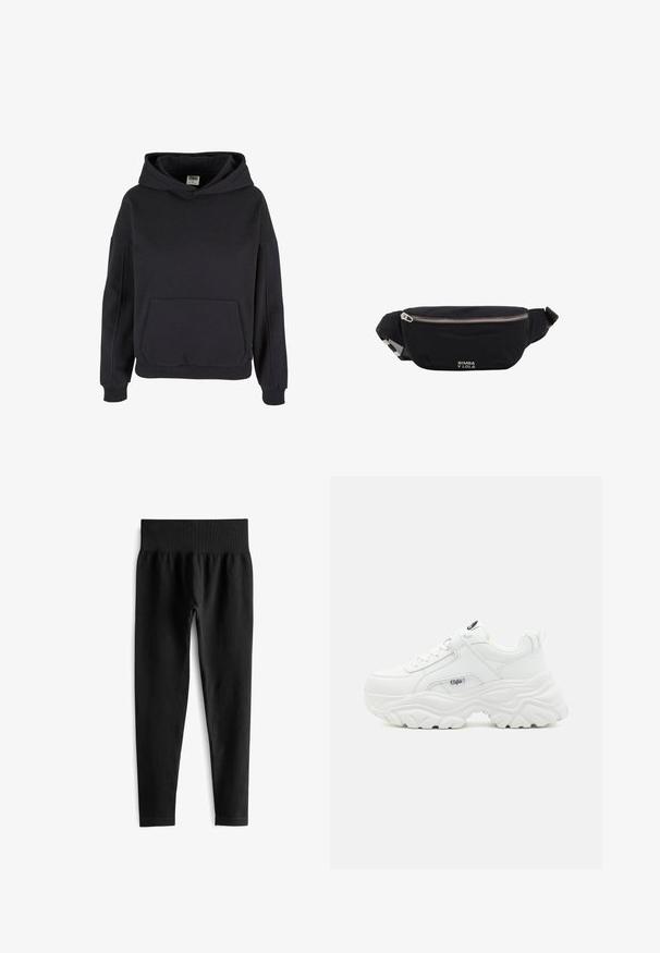 Mustast pullover-stiilis kapuutsiga dressipluus kengurutasku, soonikkoesäärte ja lõdva lõikega.; Mustad ribad leggingud laia elastse vööga, millel on liibuv siluett ja sile tekstuur. Ei ole nähtavaid riistu ega mustreid.; Valged paksud tossud, millel on sile nahkpealne, ümar varvas ja paks struktureeritud tallaosa, millel on külgedel nähtav brändi logo.; Mustast kangast vöökott hõbedase tõmblukuga ja reguleeritava rihmaga, mille esiküljel on väike valge "Bimba y Lola" logo.