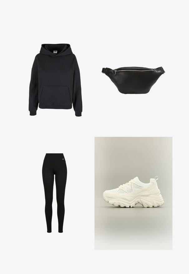Sweat à capuche noir style pullover avec poche kangourou, poignets côtelés et coupe décontractée.; Leggings Noirs avec une taille haute, tissu extensible, texture lisse et un design ajusté, adaptées pour un usage décontracté ou sportif.; Baskets blanches épaisses avec semelle texturée épaisse, panneaux en mesh, laçage à l'avant et languette au talon sur un fond neutre.; Sac banane en cuir noir avec une texture lisse, une forme courbée et une fermeture éclair en argent. Dispose d'une seule sangle ajustable.