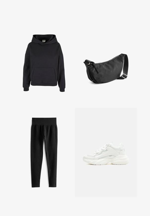 Mustast pullover-stiilis kapuutsiga dressipluus kengurutasku, soonikkoesäärte ja lõdva lõikega.; Mustad soonikud mustade soonikute ja laia elastse vöökohtaga. Kanga põhjalik struktuur on veniv ja tekstuuriga, lõpeb just üle pahkluu.; Valged paksud tossud paksu tallaga, esiosal paeltega ja siledast sünteetilisest materjalist pealiskihiga, peenete õmblustega.; Must have mustratsiooniga must riidenagija, millel on kõver kuju, lukuga sulgus ja reguleeritav rihm. Omab sujuvat tekstuuri ja minimalistlikku disaini.