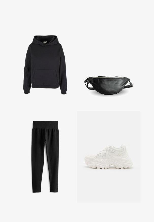 Sweat à capuche noir style pullover avec poche kangourou, poignets côtelés et coupe décontractée.; Leggings noirs à rayures avec une large ceinture élastique. Le tissu semble extensible et texturé, se terminant juste au-dessus de la cheville.; Baskets blanches épaisses avec un dessus texturé, des panneaux en mesh et des semelles en caoutchouc épaisses avec un motif de semelle prominent. Lacets et tirette inclus.; Still Nordic BASIC - Sac banane - black