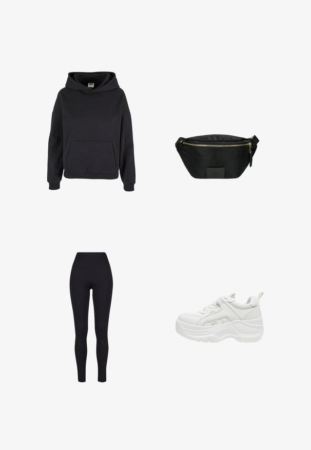 Sweat à capuche noir style pullover avec poche kangourou, poignets côtelés et coupe décontractée.; Leggings noirs taille haute, fabriqués à partir d'un tissu extensible, présentant une texture lisse et un design ajusté sans coutures ni motifs visibles.; Baskets blanches épaisses avec semelle épaisse, laçage sur l'avant, col matelassé et languette à l'arrière.; Sac banane en nylon noir avec fermeture éclair dorée et sangle réglable, patch logo rectangulaire au centre à l'avant.