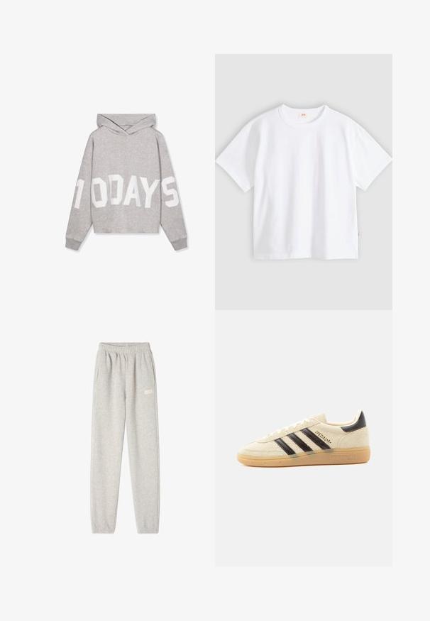 Lysegrå hættetrøje med stort hvidt tryk "10 DAYS" på fronten og ærmerne, med lange ærmer og ribkanter.; Hvid bomuld t-shirt med korte ærmer, rund hals, afslappet pasform, glat tekstur og en lille logolabel på venstre sidesøm.; Grå sweatpants lavet af blød bomuldsblanding, med elastisk talje, sidelommer og et lille logo på venstre lår.; Kremfarvet ruskindssneaker med sorte striber, gummisål, sort hælstrop og gyldent "SPEZIAL"-tekst på siden.