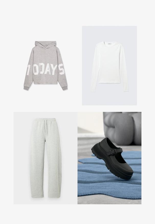 Lysegrå hættetrøje med stort hvidt tryk "10 DAYS" på fronten og ærmerne, med lange ærmer og ribkanter.; Langærmet, enkel hvid T-shirt med rund halsudskæring og tætsiddende pasform, vist mod en lysegrå baggrund.; Lysegrå joggingbukser med elastisk linning og snørre. Stoffet har en blød tekstur og lige, løstsiddende ben.; Sort Mary Jane-stil sko med tyk ribbet sål og spænde, hvilende på tekstureret blåt tæppe med sløret baggrund.