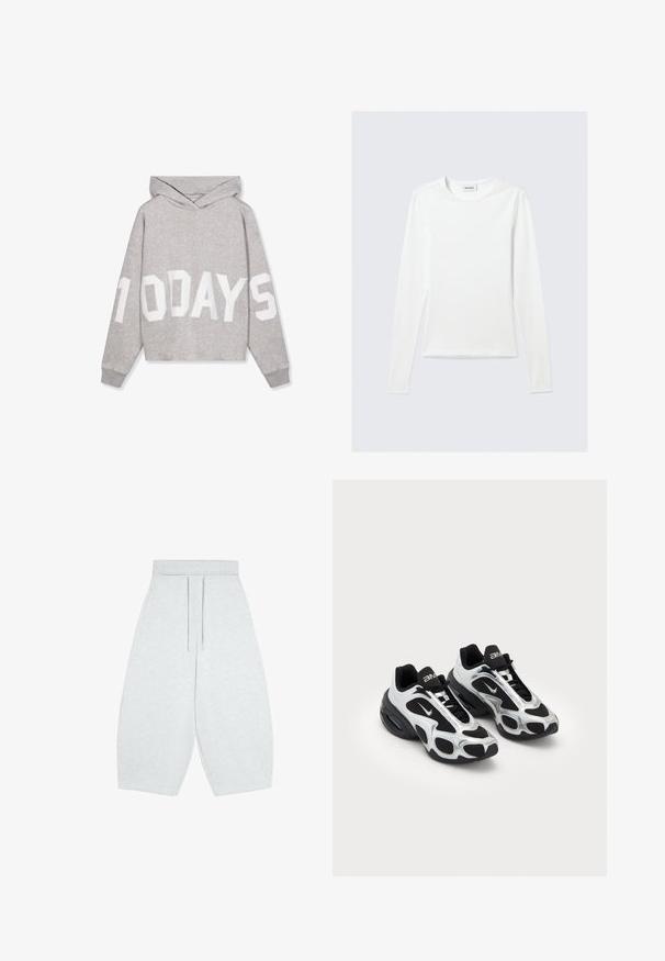 Lysegrå hættetrøje med stort hvidt tryk "10 DAYS" på fronten og ærmerne, med lange ærmer og ribkanter.; Langærmet, enkel hvid T-shirt med rund halsudskæring og tætsiddende pasform, vist mod en lysegrå baggrund.; Lysegrå viddebenede cropped bukser med elastisk talje og snøre foran, lavet af blødt strikket stof.; Sorte og sølv atletiske sko med en overdel i mesh og syntetisk materiale, der har et karakteristisk bølget design og polstret krave, samt luftdæmpning i sålen.