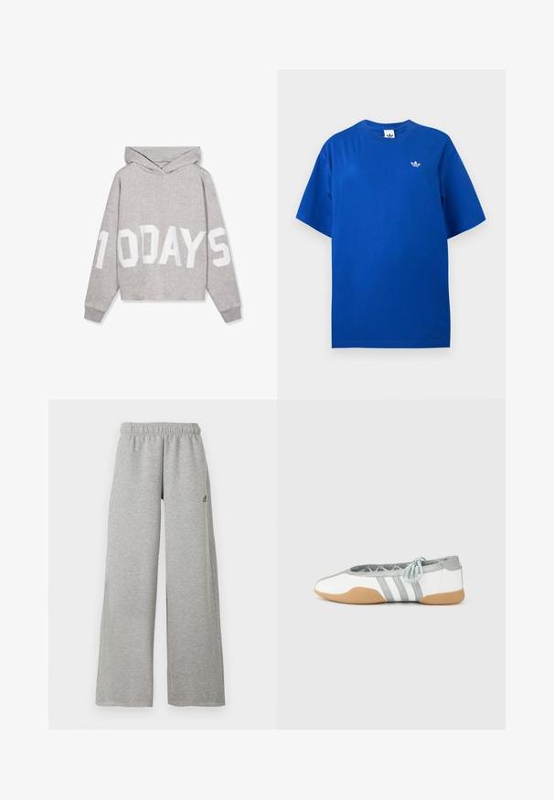 Lysegrå hættetrøje med stort hvidt tryk "10 DAYS" på fronten og ærmerne, med lange ærmer og ribkanter.; Blå Adidas T-shirt med korte ærmer og rund halsudskæring med lille hvid Adidas trefoil-logo på venstre bryst.; Lysegrå sweatpants med vide ben, elastisk taljebånd og lille sort Adidas-logo på højre lår.; Hvide og grå balletsko med rund tå og elastisk snøre, med tre grå striber og en beige gummisål.