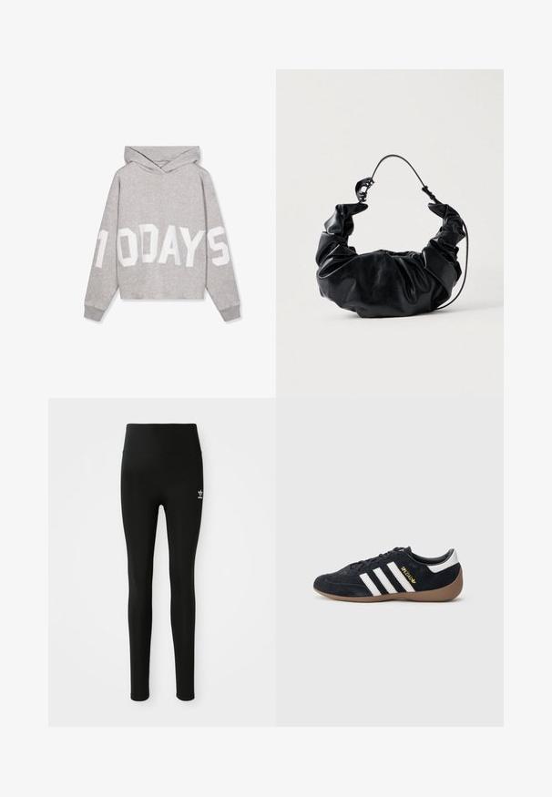 Sweat à capuche gris clair avec un grand texte blanc « 10 DAYS » sur le devant et les manches, avec manches longues et poignets côtelés.; Leggings noirs en matériau extensible avec une taille haute, présentant un petit logo Adidas blanc sur la jambe gauche. Texture lisse.; Baskets en daim noir avec trois bandes blanches, semelle en caoutchouc beige, et un petit logo doré sur le côté. Dotées d'une doublure intérieure noire lisse.; Sac à main en simili cuir noir avec un design doux et froncé et une poignée flexible, présentant une texture lisse et un subtil éclat.