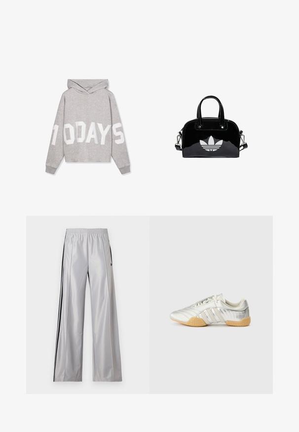 Lysegrå hættetrøje med stort hvidt tryk "10 DAYS" på fronten og ærmerne, med lange ærmer og ribkanter.; Lysegrå Adidas træningsbukser med elastisk talje, sorte sidelister og et lille sort Adidas-logo på venstre lår.; Sølvfarvet sportssko med en glat læderoverdel, gummisål og teksturerede detaljer. Har et buet design og tonede snørebånd.; Sort patentlæder håndtaske med rund form, to top-håndtag, sølvdetaljer og en fremtrædende hvid logo på fronten.