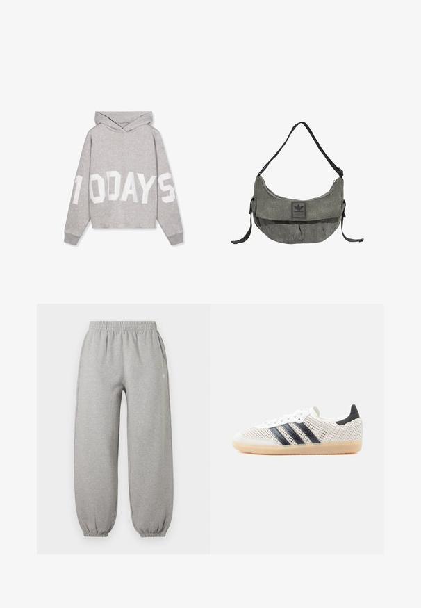 Lysegrå hættetrøje med stort hvidt tryk "10 DAYS" på fronten og ærmerne, med lange ærmer og ribkanter.; Lysegrå elastiske sweatpants med ombuk ved anklerne og sidelommer, med en lille hvid Adidas-logo på højre lår.; Hvide mesh-sneakers med sort tre-stribet design, rundet tå og gummisål. Har blød hælkant og snørelukning.; Grå stof Adidas skuldertaske med sort justerbar rem og frontklap med Adidas-logo.