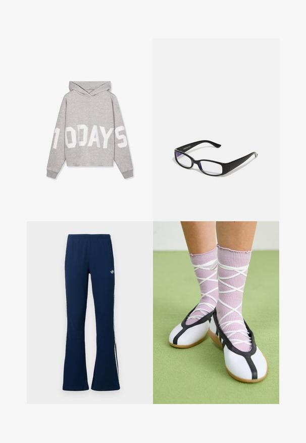 Sweat à capuche gris clair avec un grand texte blanc « 10 DAYS » sur le devant et les manches, avec manches longues et poignets côtelés.; Pantalon de survêtement évasé côtelé bleu marine avec des rayures blanches sur les côtés et un logo brodé sur la côté gauche, doté de deux poches latérales.; Jambes portant des chaussettes lavande côtelées avec des brides blanches croisées, associées à des ballerines blanches avec un bord noir sur un sol vert.; Des lunettes rectangulaires noires avec des verres transparents. Fini brillant, branches étroites et teinte violette visible sur les bords des verres.
